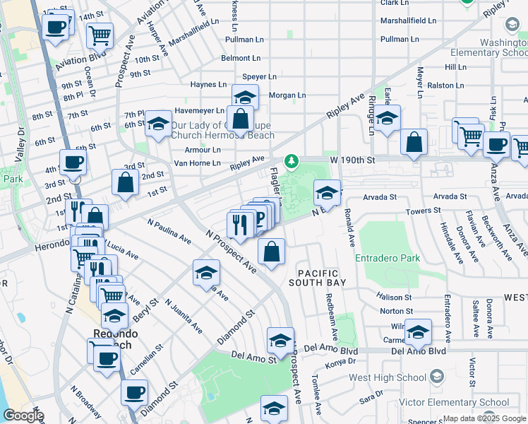 map of restaurants, bars, coffee shops, grocery stores, and more near 1314 Amethyst Street in Redondo Beach