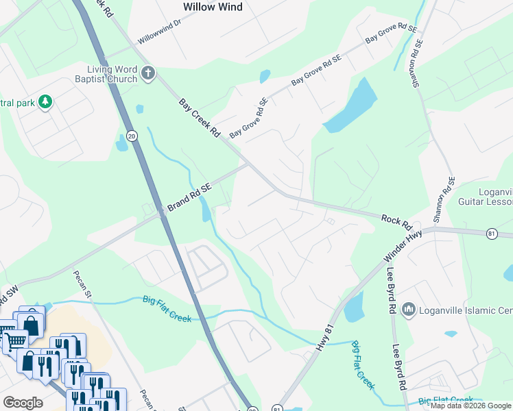 map of restaurants, bars, coffee shops, grocery stores, and more near 3945 Bay Creek Road in Loganville