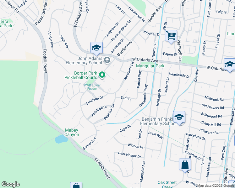 map of restaurants, bars, coffee shops, grocery stores, and more near 2433 Mesquite Lane in Corona