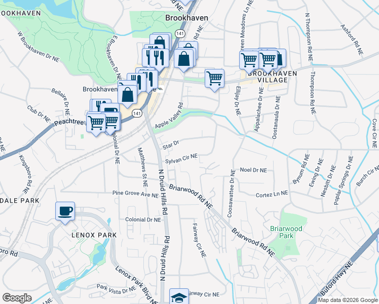 map of restaurants, bars, coffee shops, grocery stores, and more near 1475 Sylvan Circle Northeast in Atlanta