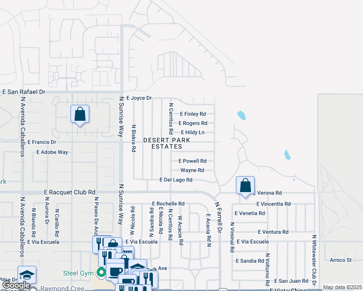 map of restaurants, bars, coffee shops, grocery stores, and more near 2155 East Bellamy Road in Palm Springs