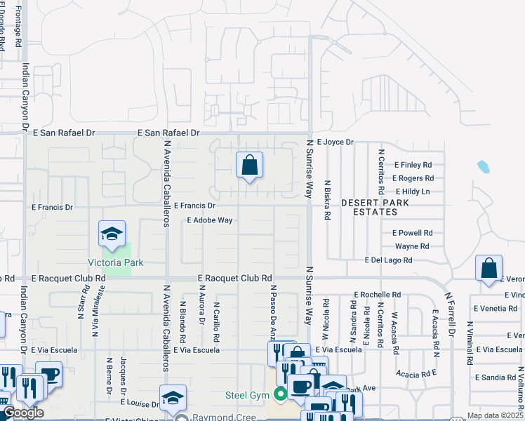 map of restaurants, bars, coffee shops, grocery stores, and more near 1497 East Adobe Way in Palm Springs