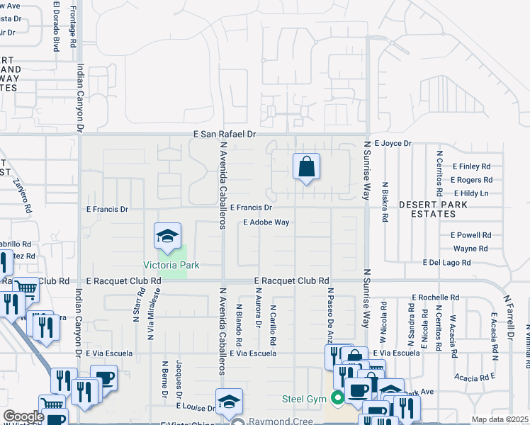 map of restaurants, bars, coffee shops, grocery stores, and more near 1187 East Adobe Way in Palm Springs