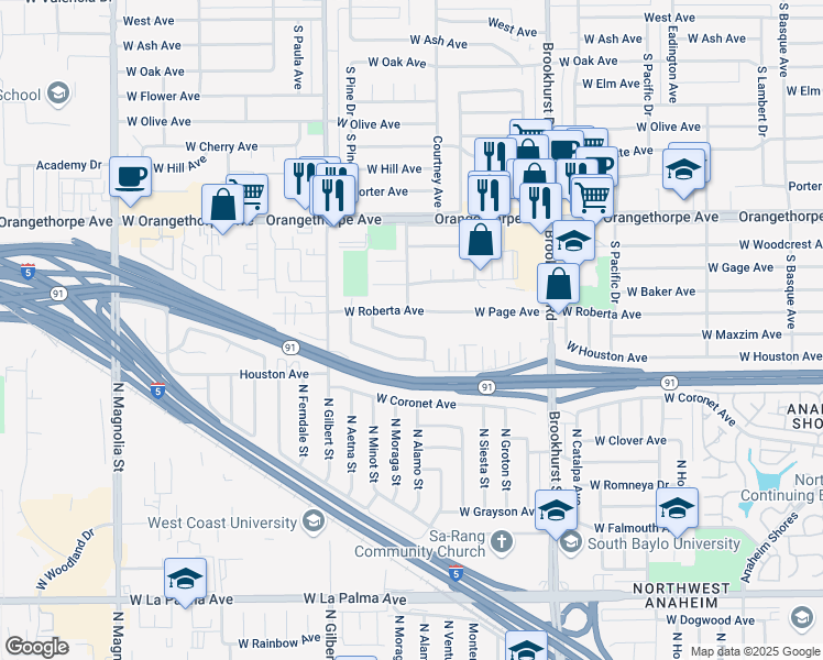 map of restaurants, bars, coffee shops, grocery stores, and more near 1607 South Courtney Avenue in Fullerton