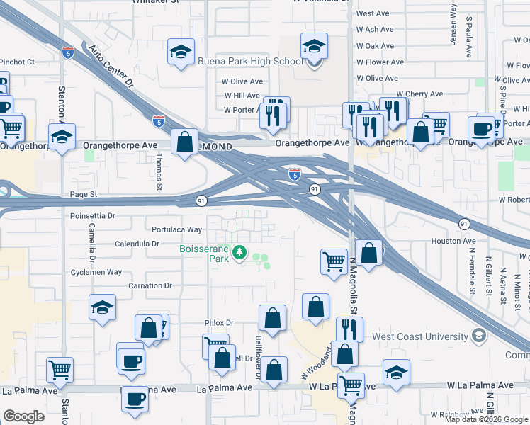 map of restaurants, bars, coffee shops, grocery stores, and more near 1432 North Parkhaven Drive in Anaheim