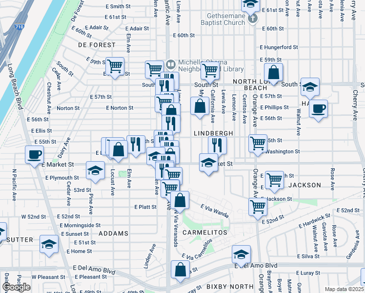map of restaurants, bars, coffee shops, grocery stores, and more near 5430 Lime Avenue in Long Beach