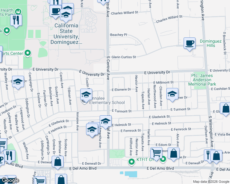 map of restaurants, bars, coffee shops, grocery stores, and more near 19301 Pricetown Avenue in Carson