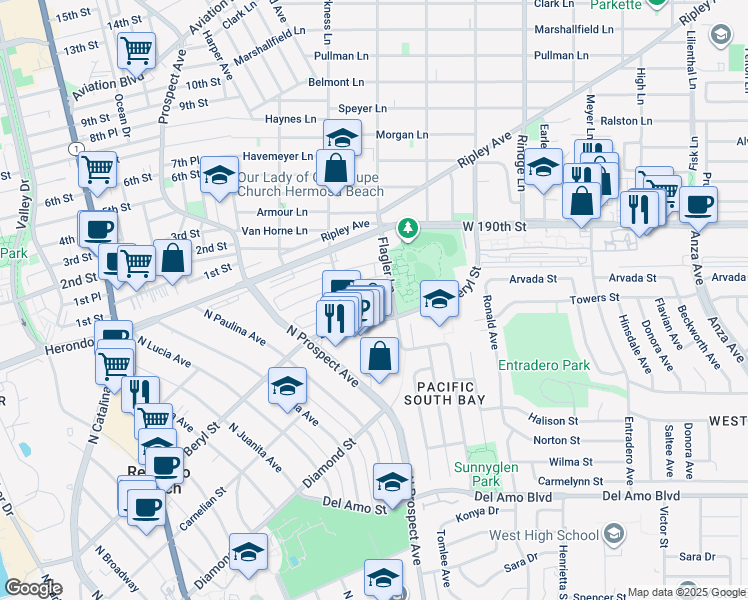 map of restaurants, bars, coffee shops, grocery stores, and more near in Redondo Beach