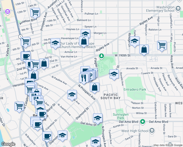 map of restaurants, bars, coffee shops, grocery stores, and more near 1303 Beryl Street in Redondo Beach
