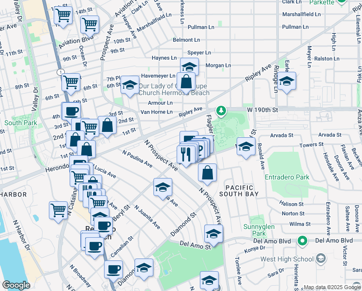 map of restaurants, bars, coffee shops, grocery stores, and more near 1216 Amethyst Street in Redondo Beach