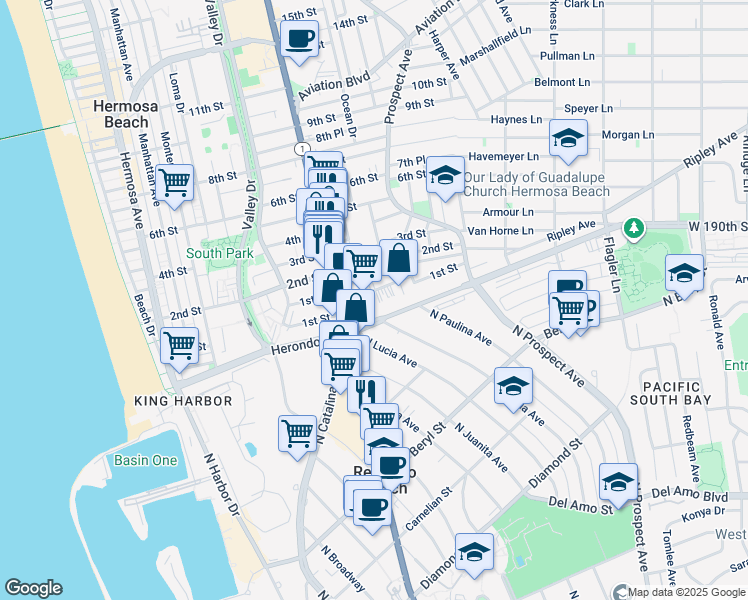 map of restaurants, bars, coffee shops, grocery stores, and more near 313 190th Street in Redondo Beach