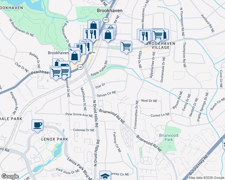 map of restaurants, bars, coffee shops, grocery stores, and more near 1475 Sylvan Circle Northeast in Atlanta