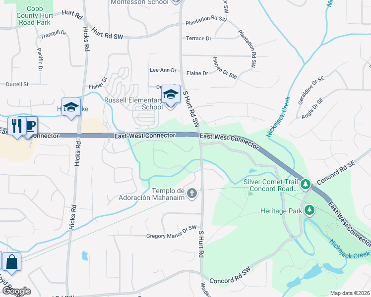 map of restaurants, bars, coffee shops, grocery stores, and more near 568 Lawton Bridge Road Southwest in Smyrna
