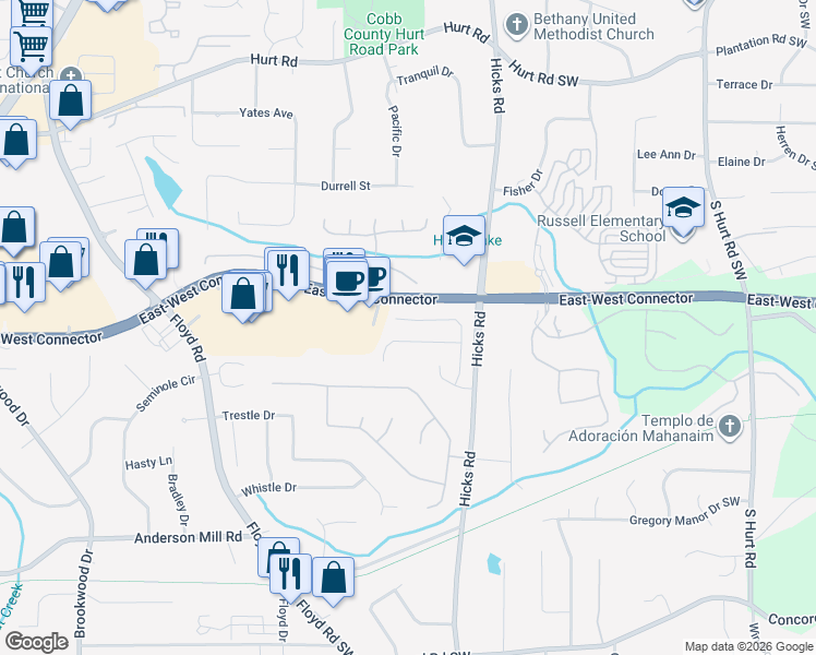 map of restaurants, bars, coffee shops, grocery stores, and more near 729 Peteywood Drive in Austell