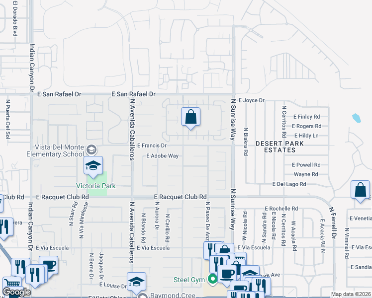 map of restaurants, bars, coffee shops, grocery stores, and more near 1429 East Francis Drive in Palm Springs
