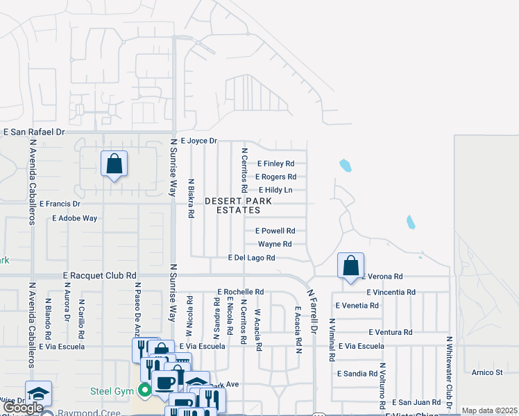 map of restaurants, bars, coffee shops, grocery stores, and more near 2155 East Bellamy Road in Palm Springs