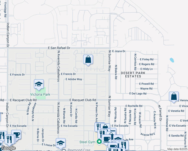 map of restaurants, bars, coffee shops, grocery stores, and more near 1489 East Francis Drive in Palm Springs