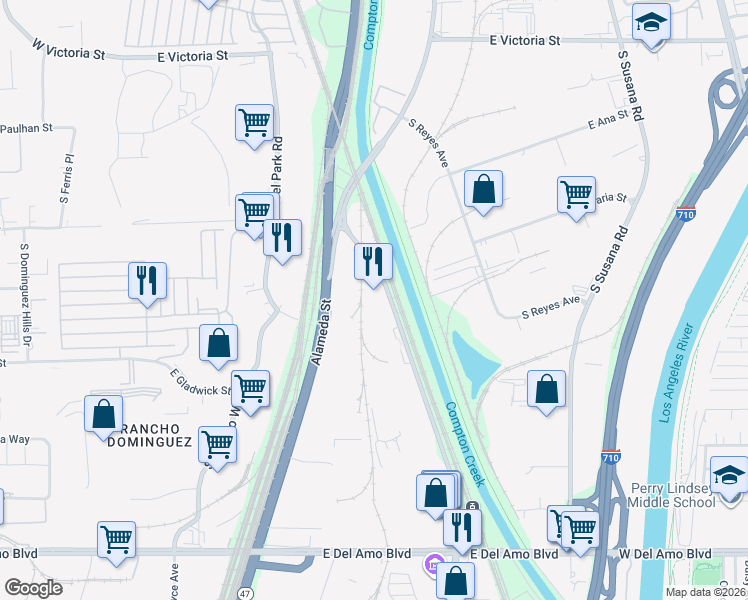 map of restaurants, bars, coffee shops, grocery stores, and more near 19431 Santa Fe Avenue in Compton