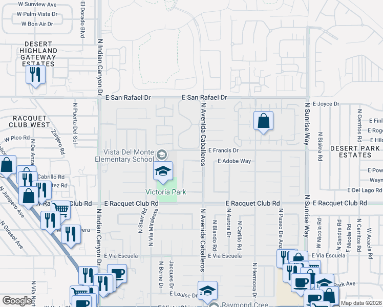 map of restaurants, bars, coffee shops, grocery stores, and more near 869 East Sunair Road in Palm Springs