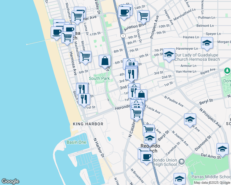 map of restaurants, bars, coffee shops, grocery stores, and more near 110 Hill Street in Hermosa Beach