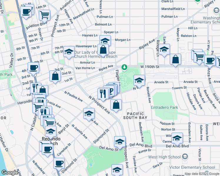 map of restaurants, bars, coffee shops, grocery stores, and more near 1306 Amethyst Street in Redondo Beach