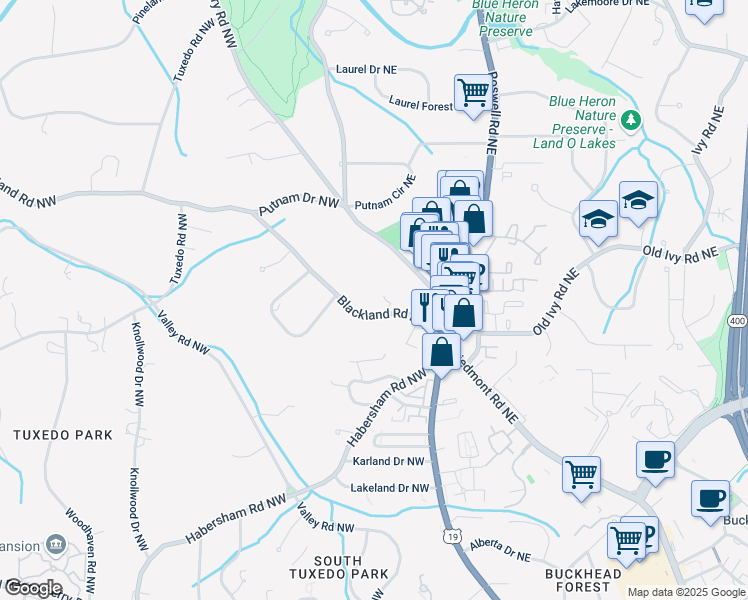 map of restaurants, bars, coffee shops, grocery stores, and more near 41 Blackland Road Northwest in Atlanta