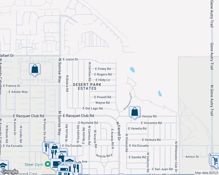 map of restaurants, bars, coffee shops, grocery stores, and more near 2405 East Francis Drive in Palm Springs