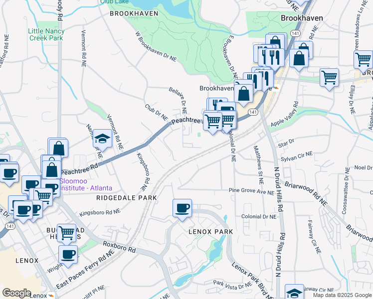 map of restaurants, bars, coffee shops, grocery stores, and more near 1070 Standard Drive Northeast in Atlanta