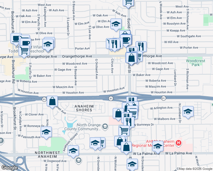 map of restaurants, bars, coffee shops, grocery stores, and more near 1519 South Lovering Avenue in Fullerton