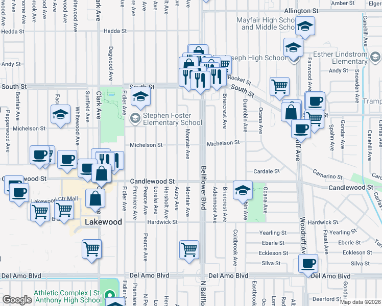 map of restaurants, bars, coffee shops, grocery stores, and more near 5403 Montair Avenue in Lakewood