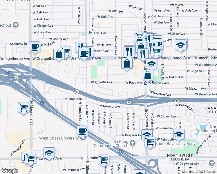 map of restaurants, bars, coffee shops, grocery stores, and more near 1607 South Courtney Avenue in Fullerton
