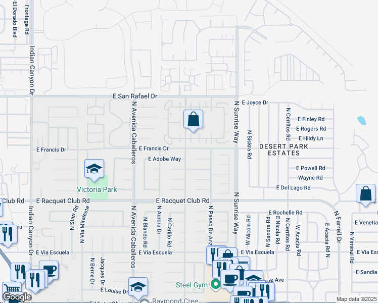 map of restaurants, bars, coffee shops, grocery stores, and more near 1429 East Francis Drive in Palm Springs