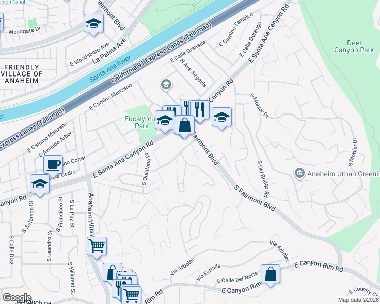 map of restaurants, bars, coffee shops, grocery stores, and more near 157 South Donna Court in Anaheim