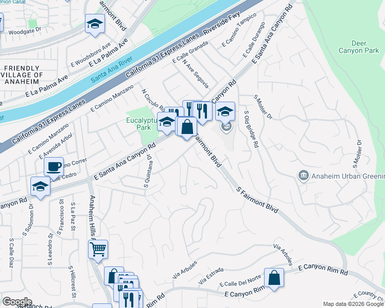 map of restaurants, bars, coffee shops, grocery stores, and more near 154 South Canyon Woods Road in Anaheim