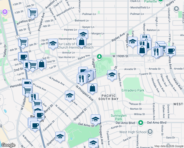 map of restaurants, bars, coffee shops, grocery stores, and more near in Redondo Beach