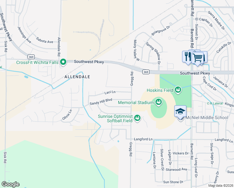 map of restaurants, bars, coffee shops, grocery stores, and more near 6009 Sandy Hill Boulevard in Wichita Falls