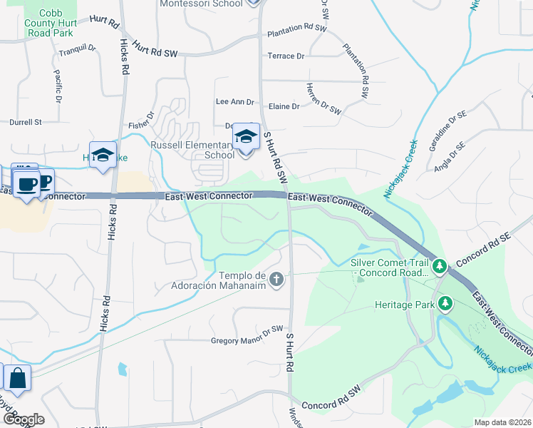 map of restaurants, bars, coffee shops, grocery stores, and more near 568 Lawton Bridge Road Southwest in Smyrna