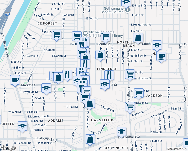 map of restaurants, bars, coffee shops, grocery stores, and more near 5471 Olive Avenue in Long Beach