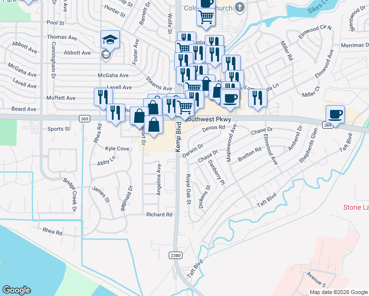 map of restaurants, bars, coffee shops, grocery stores, and more near 2734 Devon Road in Wichita Falls
