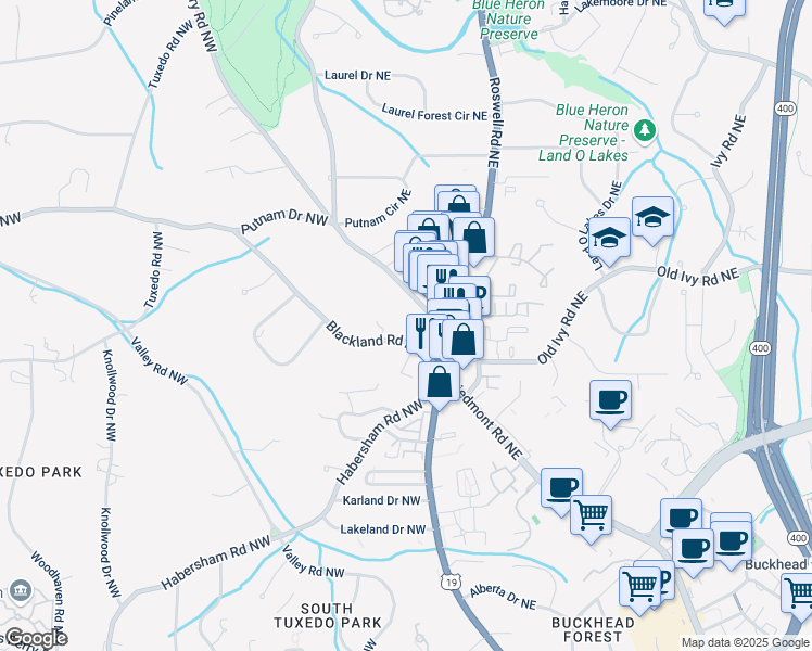 map of restaurants, bars, coffee shops, grocery stores, and more near 17 Blackland Road Northwest in Atlanta