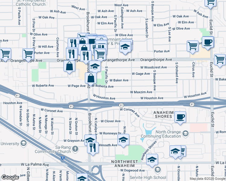 map of restaurants, bars, coffee shops, grocery stores, and more near 1625 West Maxzim Avenue in Fullerton