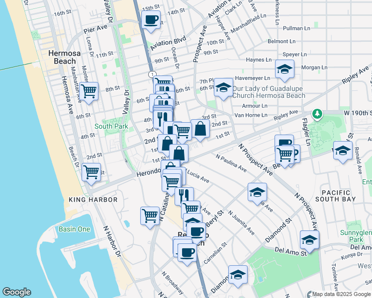 map of restaurants, bars, coffee shops, grocery stores, and more near 313 190th Street in Redondo Beach
