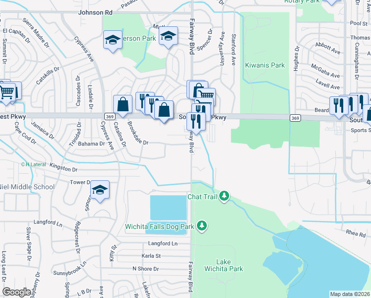 map of restaurants, bars, coffee shops, grocery stores, and more near 4800 Fairway Boulevard in Wichita Falls