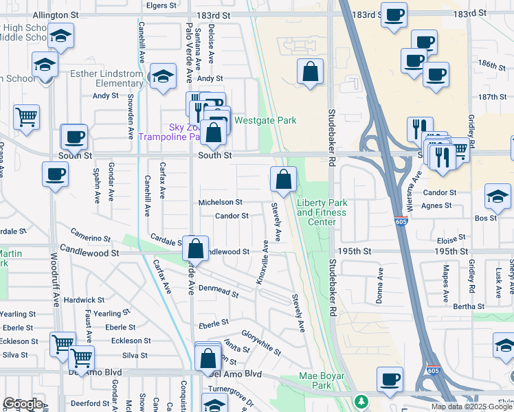 map of restaurants, bars, coffee shops, grocery stores, and more near 5361 Knoxville Avenue in Lakewood
