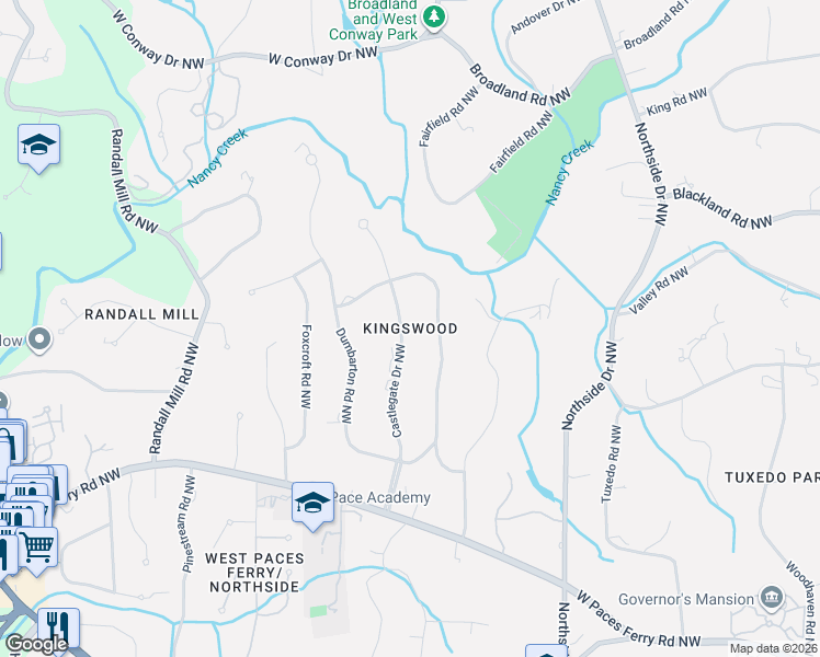 map of restaurants, bars, coffee shops, grocery stores, and more near 3642 Castlegate Drive Northwest in Atlanta