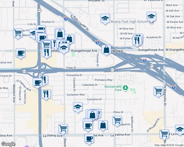 map of restaurants, bars, coffee shops, grocery stores, and more near 8297 Portulaca Way in Buena Park