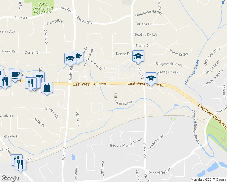 map of restaurants, bars, coffee shops, grocery stores, and more near 4054 Hill House Road Southwest in Smyrna