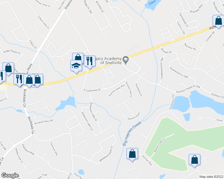 map of restaurants, bars, coffee shops, grocery stores, and more near 1665 Summit View Way in Snellville