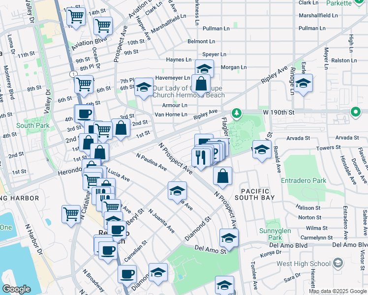map of restaurants, bars, coffee shops, grocery stores, and more near 1218 Agate Street in Redondo Beach