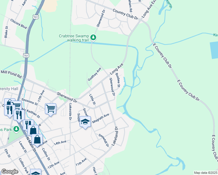 map of restaurants, bars, coffee shops, grocery stores, and more near 156 Sherwood Drive in Conway